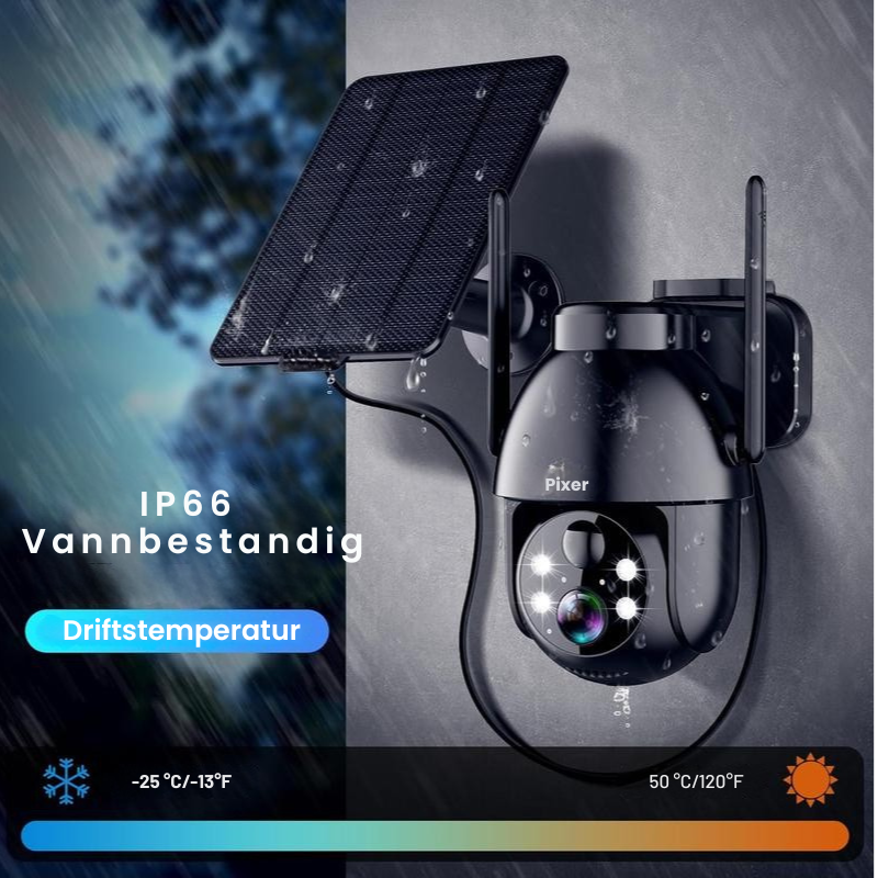 Pixer™Kraftig 1080P HD solcelle Wi-Fi sikkerhetskamera med spotlight